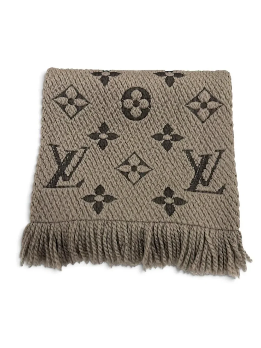 Louis Vuitton Echarpe Logo Mania Monogram Wool Silk Scarf with Fringe Gray